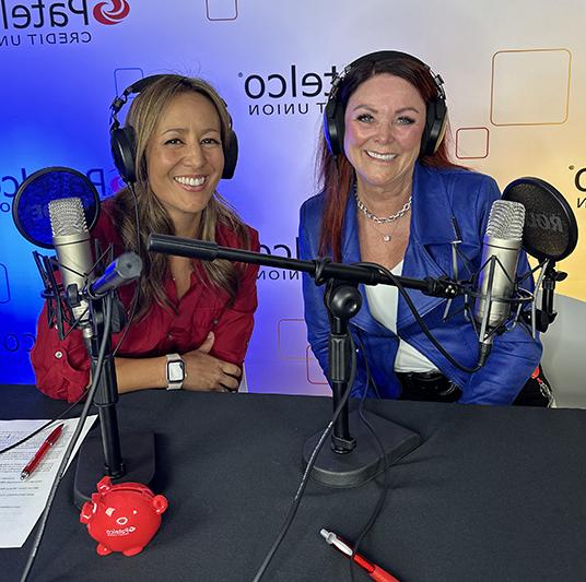 Patelco employees Michele Enriquez and Patelco President & CEO Erin Mendez at the podcast desk